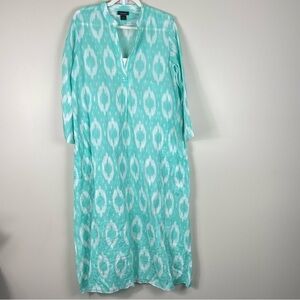 Natori Dress Womens Medium Cotton Blue White Midi Side Slit V-neck Preppy Casual